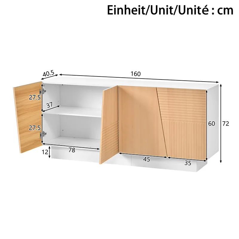 Buffet blanc et effet bois 4 portes asymétriques motifs rainures 160x40,5x72cm FABRIC TRAY