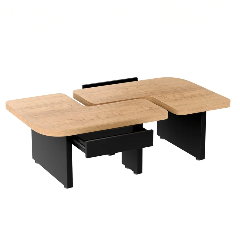 Set de 2 tables basses gigognes effet bois et design en S avec éclairage LED intégré et 2 tiroirs