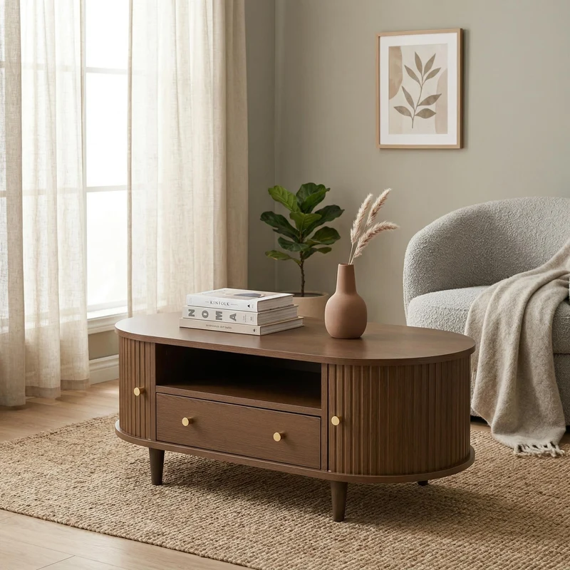 Table basse ovale vintage effet noyer avec tiroir et porte coulissante 100x50x36 cm RIFTKRYNNATHYN