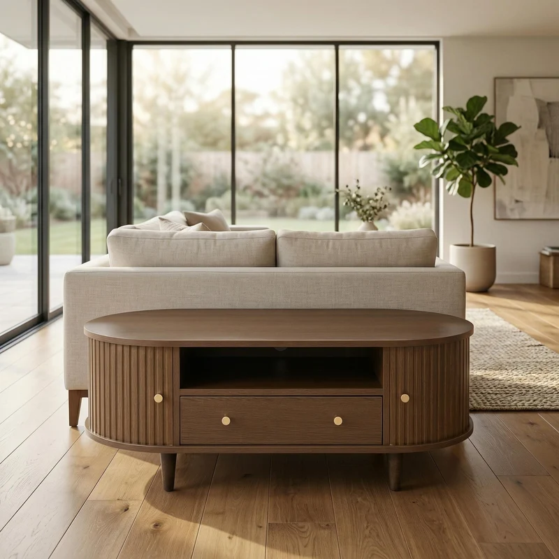 Table basse ovale vintage effet noyer avec tiroir et porte coulissante 100x50x36 cm RIFTKRYNNATHYN