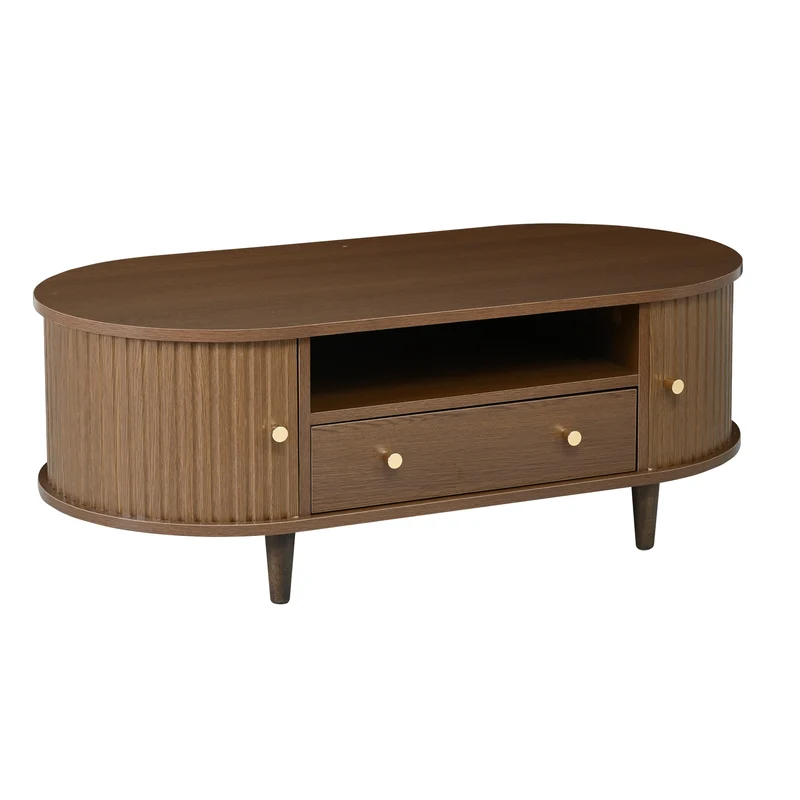 Table basse ovale vintage effet noyer avec tiroir et porte coulissante 100x50x36 cm RIFTKRYNNATHYN