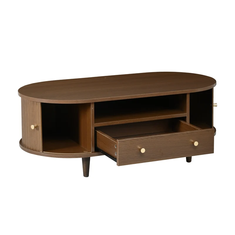 Table basse ovale vintage effet noyer avec tiroir et porte coulissante 100x50x36 cm RIFTKRYNNATHYN