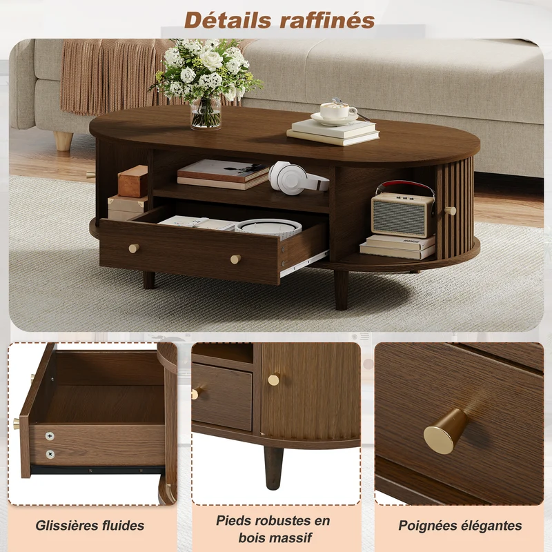 Table basse ovale vintage effet noyer avec tiroir et porte coulissante 100x50x36 cm RIFTKRYNNATHYN