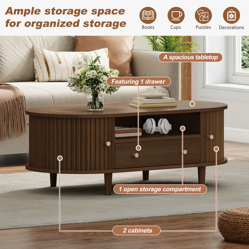 Table basse ovale vintage effet noyer avec tiroir et porte coulissante 100x50x36 cm RIFTKRYNNATHYN