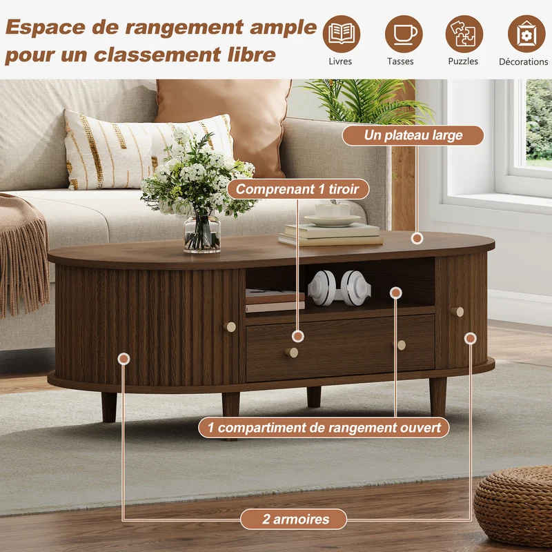 Table basse ovale vintage effet noyer avec tiroir et porte coulissante 100x50x36 cm RIFTKRYNNATHYN