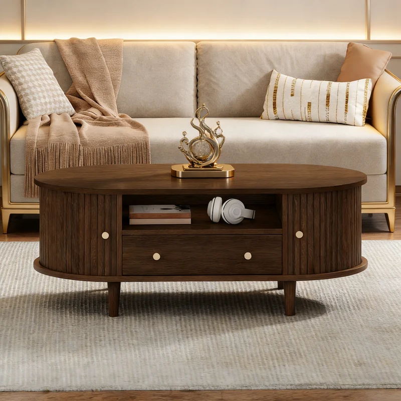 Table basse ovale vintage effet noyer avec tiroir et porte coulissante 100x50x36 cm RIFTKRYNNATHYN