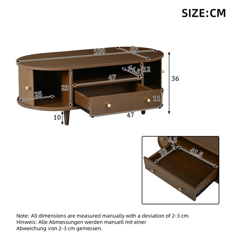 Table basse ovale vintage effet noyer avec tiroir et porte coulissante 100x50x36 cm RIFTKRYNNATHYN