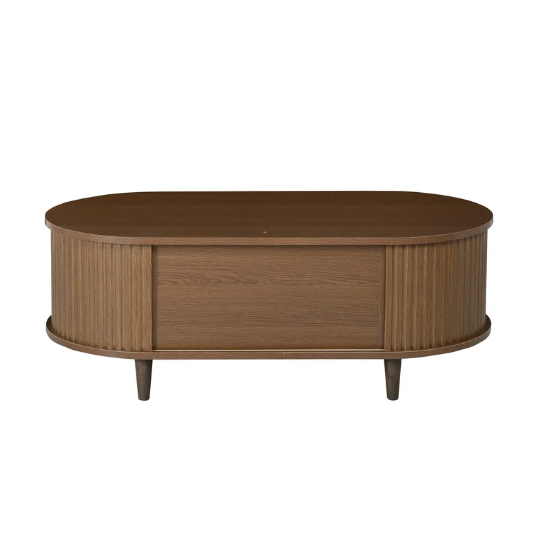 Table basse ovale vintage effet noyer avec tiroir et porte coulissante 100x50x36 cm RIFTKRYNNATHYN
