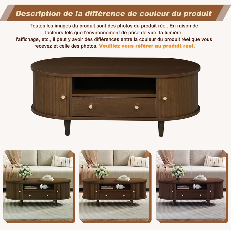 Table basse ovale vintage effet noyer avec tiroir et porte coulissante 100x50x36 cm RIFTKRYNNATHYN