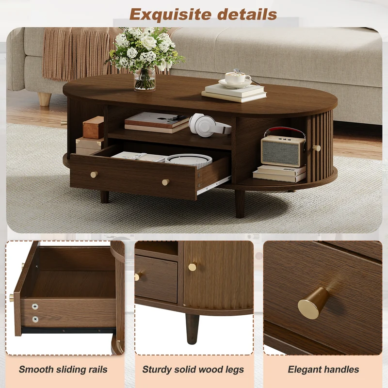 Table basse ovale vintage effet noyer avec tiroir et porte coulissante 100x50x36 cm RIFTKRYNNATHYN