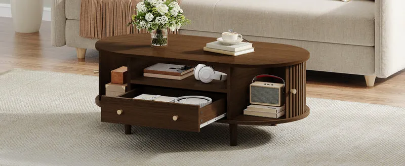 Table basse ovale vintage effet noyer avec tiroir et porte coulissante 100x50x36 cm RIFTKRYNNATHYN