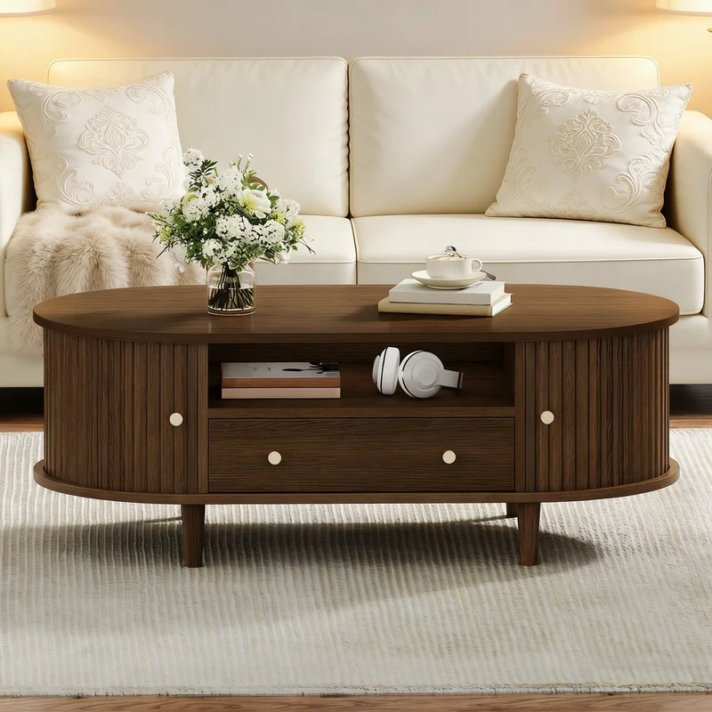 Table basse ovale vintage effet noyer avec tiroir et porte coulissante 100x50x36 cm RIFTKRYNNATHYN