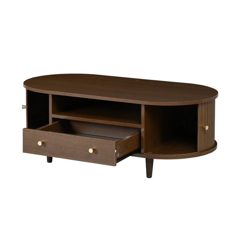 Table basse ovale vintage effet noyer avec tiroir et porte coulissante 100x50x36 cm RIFTKRYNNATHYN