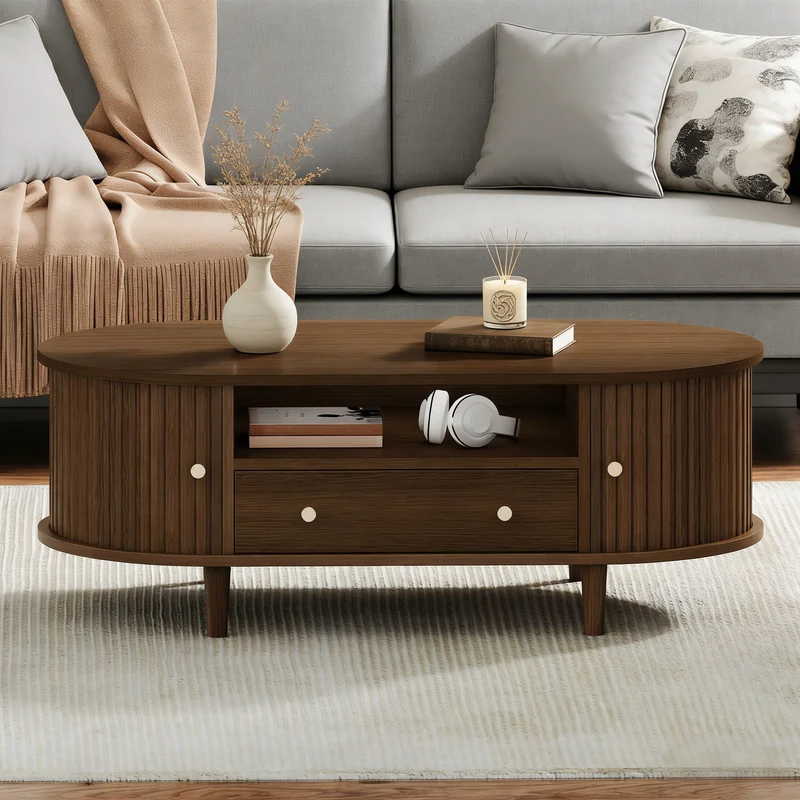 Table basse ovale vintage effet noyer avec tiroir et porte coulissante 100x50x36 cm RIFTKRYNNATHYN
