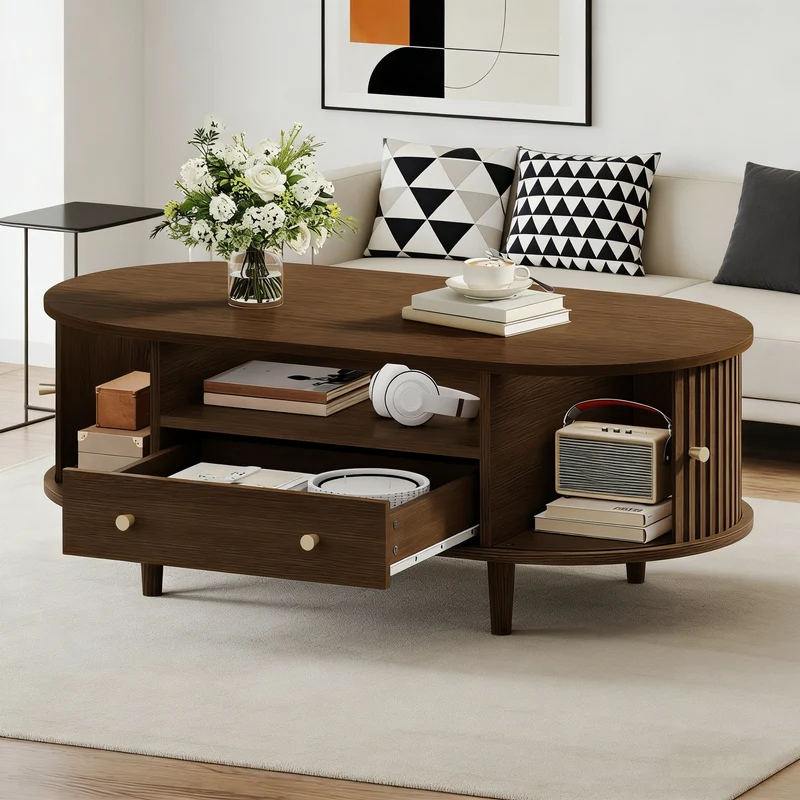 Table basse ovale vintage effet noyer avec tiroir et porte coulissante 100x50x36 cm RIFTKRYNNATHYN