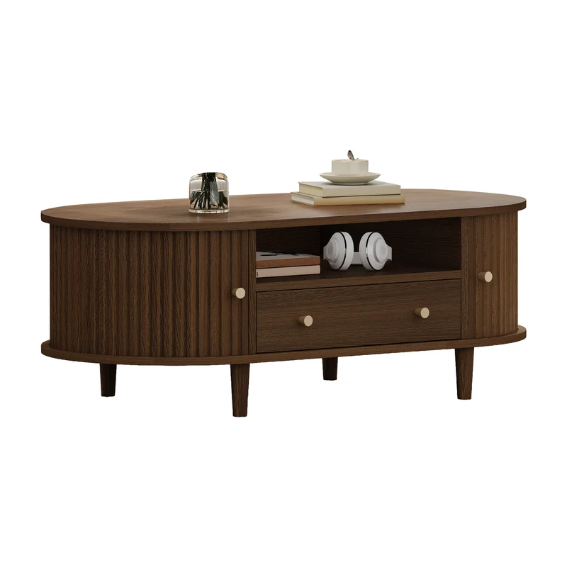 Table basse ovale vintage effet noyer avec tiroir et porte coulissante 100x50x36 cm RIFTKRYNNATHYN