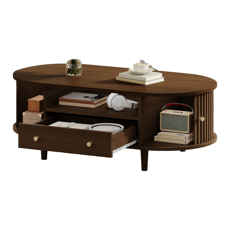 Table basse ovale vintage effet noyer avec tiroir et porte coulissante 100x50x36 cm RIFTKRYNNATHYN