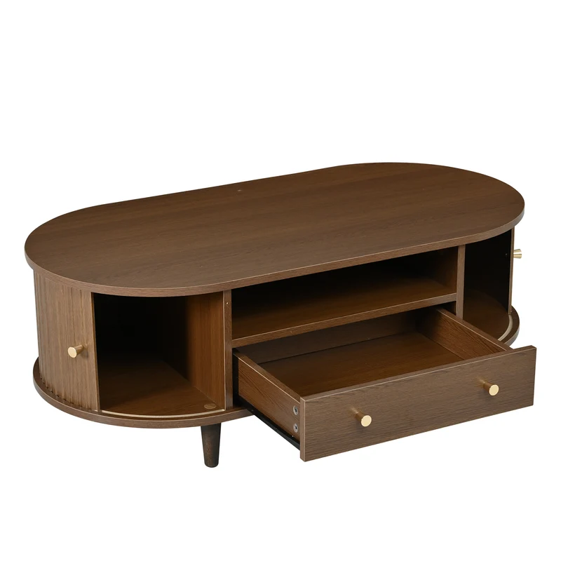 Table basse ovale vintage effet noyer avec tiroir et porte coulissante 100x50x36 cm RIFTKRYNNATHYN