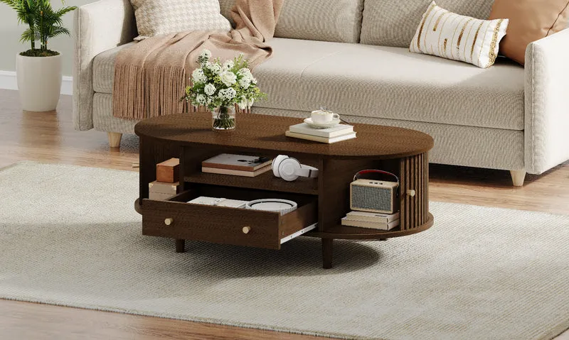 Table basse ovale vintage effet noyer avec tiroir et porte coulissante 100x50x36 cm RIFTKRYNNATHYN