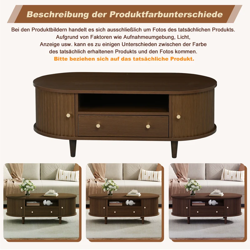 Table basse ovale vintage effet noyer avec tiroir et porte coulissante 100x50x36 cm RIFTKRYNNATHYN