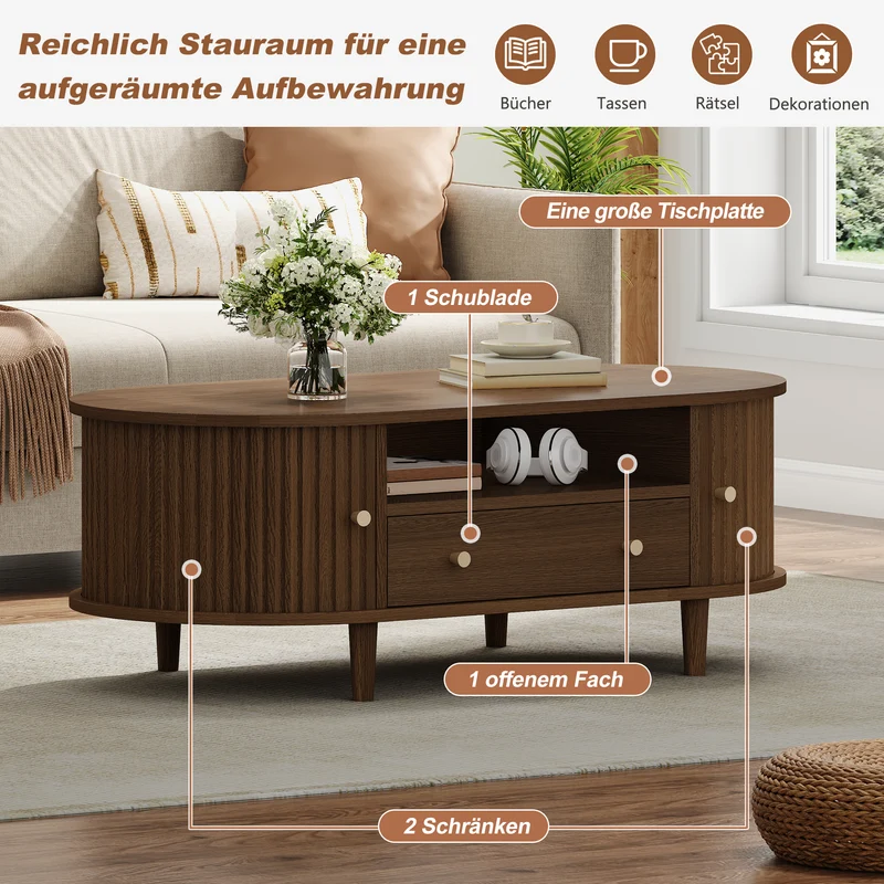 Table basse ovale vintage effet noyer avec tiroir et porte coulissante 100x50x36 cm RIFTKRYNNATHYN
