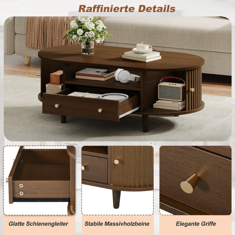 Table basse ovale vintage effet noyer avec tiroir et porte coulissante 100x50x36 cm RIFTKRYNNATHYN