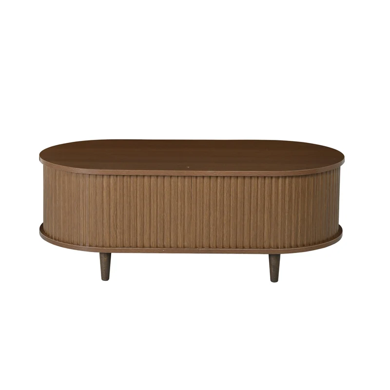 Table basse ovale vintage effet noyer avec tiroir et porte coulissante 100x50x36 cm RIFTKRYNNATHYN
