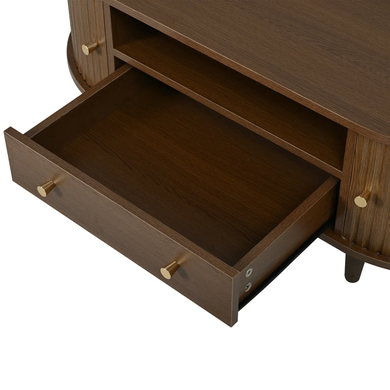 Table basse ovale vintage effet noyer avec tiroir et porte coulissante 100x50x36 cm RIFTKRYNNATHYN