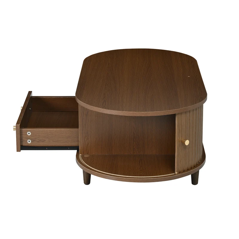 Table basse ovale vintage effet noyer avec tiroir et porte coulissante 100x50x36 cm RIFTKRYNNATHYN