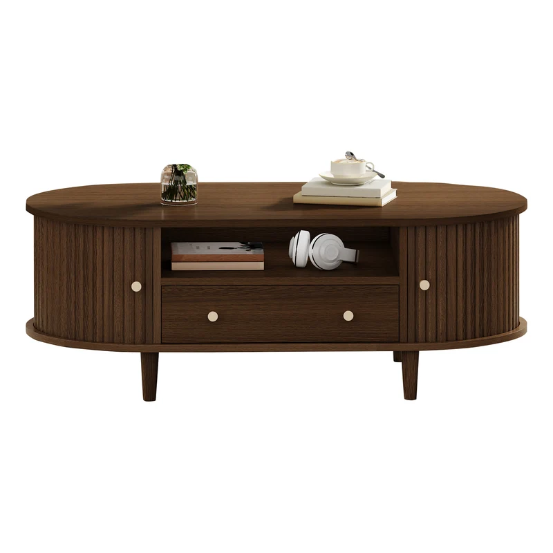 Table basse ovale vintage effet noyer avec tiroir et porte coulissante 100x50x36 cm RIFTKRYNNATHYN