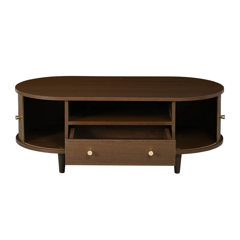 Table basse ovale vintage effet noyer avec tiroir et porte coulissante 100x50x36 cm RIFTKRYNNATHYN