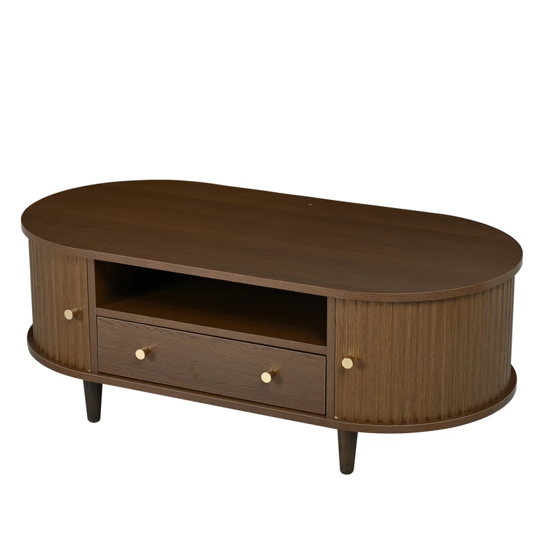 Table basse ovale vintage effet noyer avec tiroir et porte coulissante 100x50x36 cm RIFTKRYNNATHYN