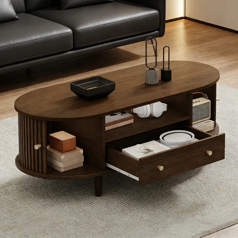 Table basse ovale vintage effet noyer avec tiroir et porte coulissante 100x50x36 cm RIFTKRYNNATHYN