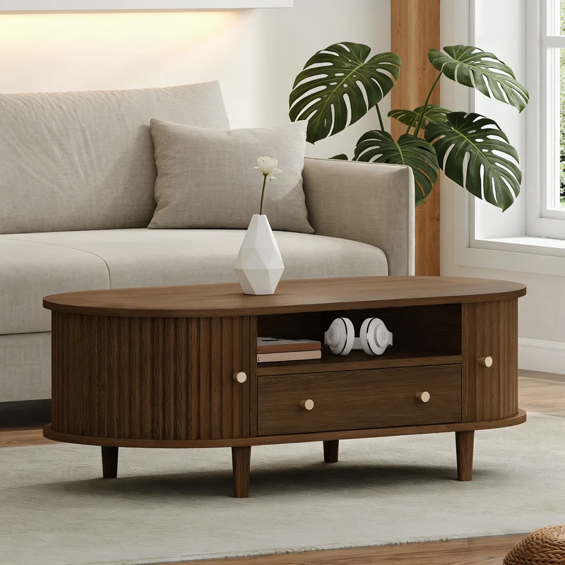 Table basse ovale vintage effet noyer avec tiroir et porte coulissante 100x50x36 cm RIFTKRYNNATHYN