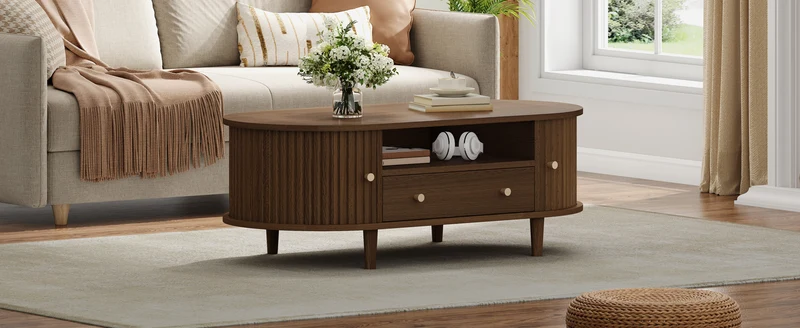 Table basse ovale vintage effet noyer avec tiroir et porte coulissante 100x50x36 cm RIFTKRYNNATHYN