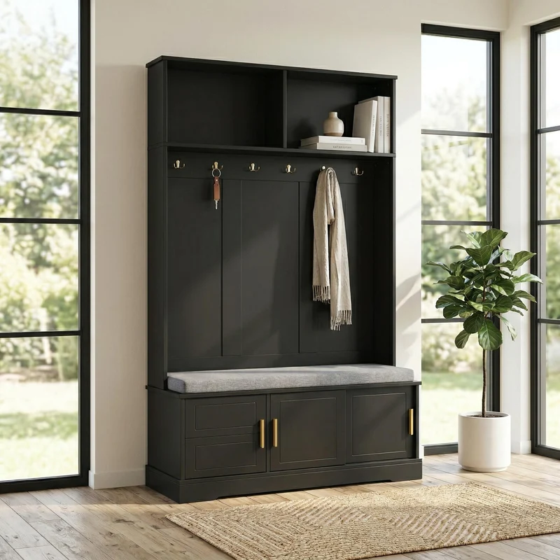 Vestiaire à l'entrée noir banc à chaussures porte manteau 120x40x191cm VERTEXVYNTH