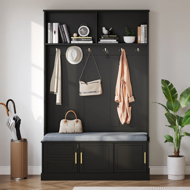 Vestiaire à l'entrée noir banc à chaussures porte manteau 120x40x191cm VERTEXVYNTH
