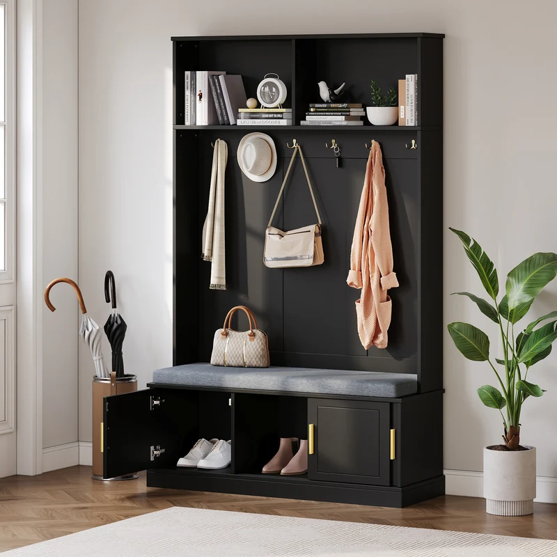 Vestiaire à l'entrée noir banc à chaussures porte manteau 120x40x191cm VERTEXVYNTH