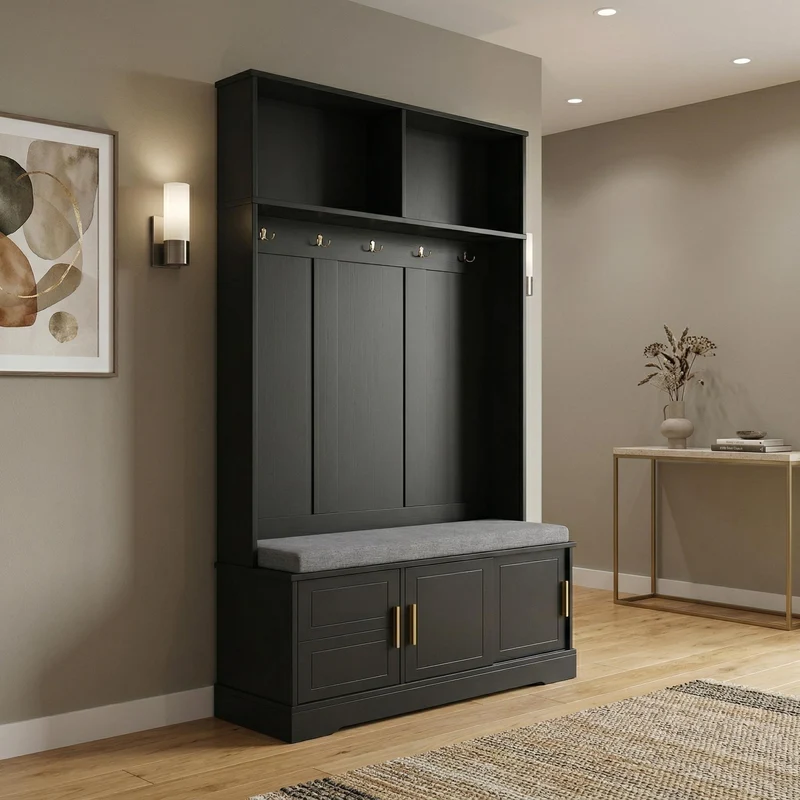 Vestiaire à l'entrée noir banc à chaussures porte manteau 120x40x191cm VERTEXVYNTH