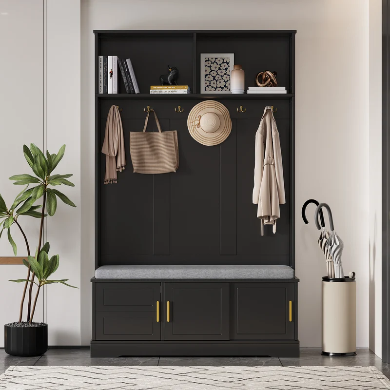 Vestiaire à l'entrée noir banc à chaussures porte manteau 120x40x191cm VERTEXVYNTH