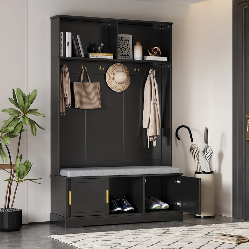 Vestiaire à l'entrée noir banc à chaussures porte manteau 120x40x191cm VERTEXVYNTH