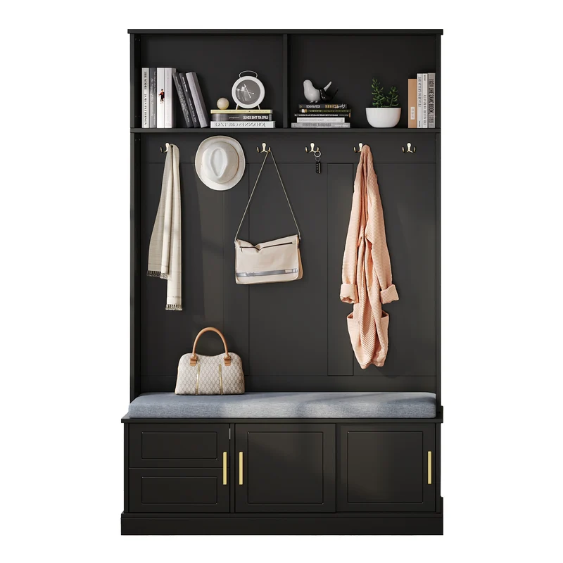 Vestiaire à l'entrée noir banc à chaussures porte manteau 120x40x191cm VERTEXVYNTH