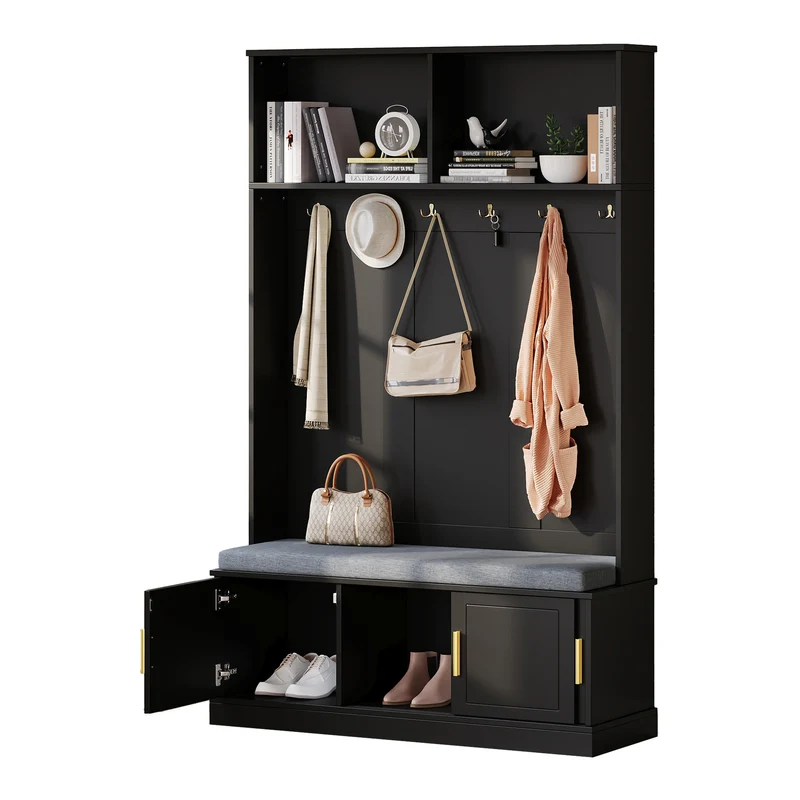 Vestiaire à l'entrée noir banc à chaussures porte manteau 120x40x191cm VERTEXVYNTH