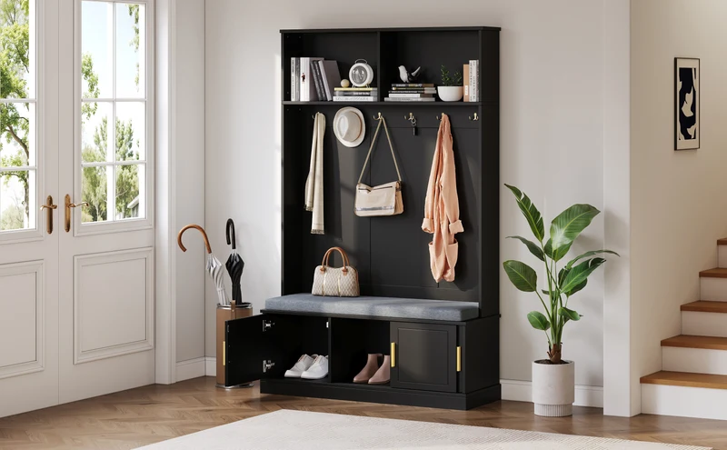 Vestiaire à l'entrée noir banc à chaussures porte manteau 120x40x191cm VERTEXVYNTH