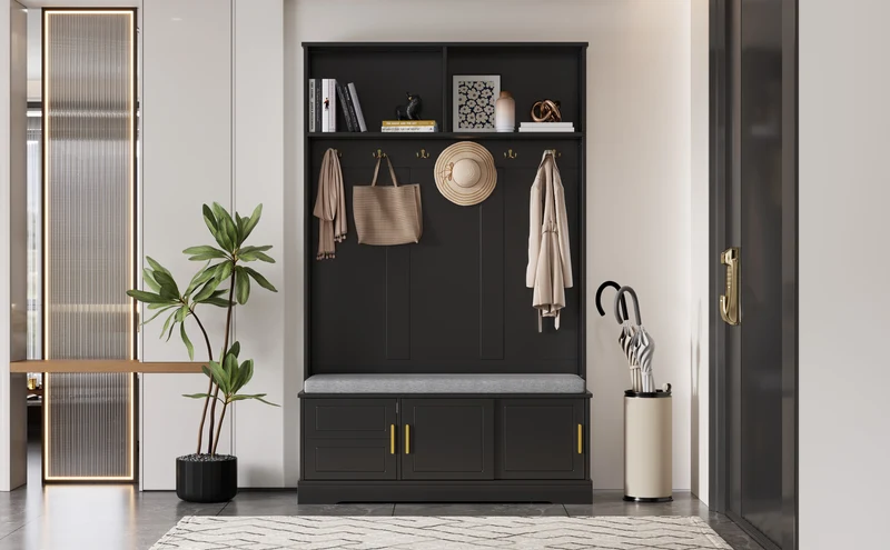 Vestiaire à l'entrée noir banc à chaussures porte manteau 120x40x191cm VERTEXVYNTH