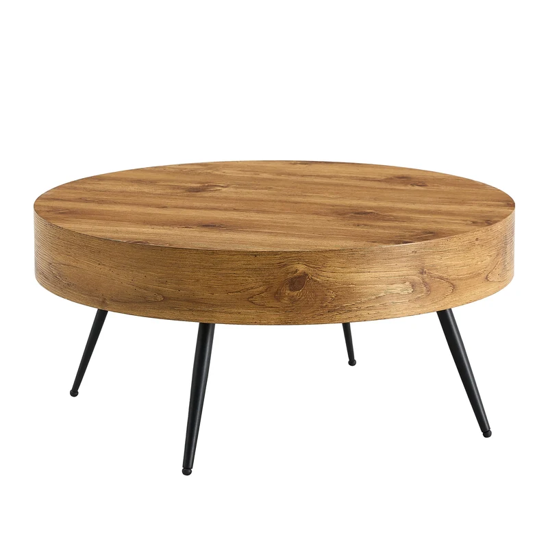 Table basse ronde 70 cm effet bois MDF pieds métal noir VISTALON