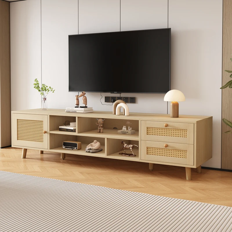 Meuble TV effet bois et rotin avec 2 tiroirs 1 porte et niches de rangement ANIL