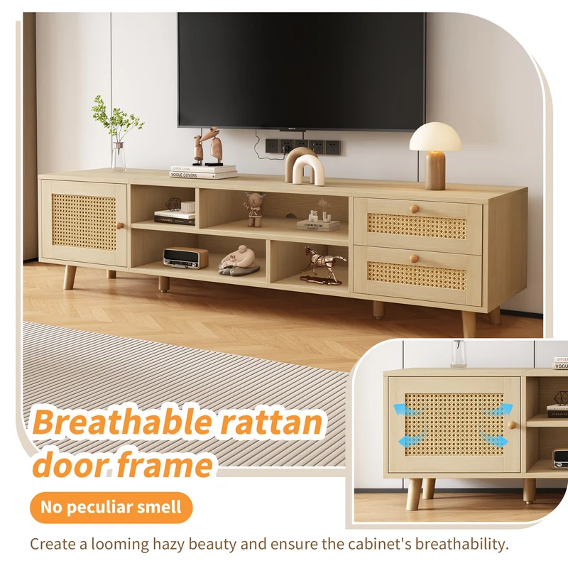Meuble TV effet bois et rotin avec 2 tiroirs 1 porte et niches de rangement ANIL