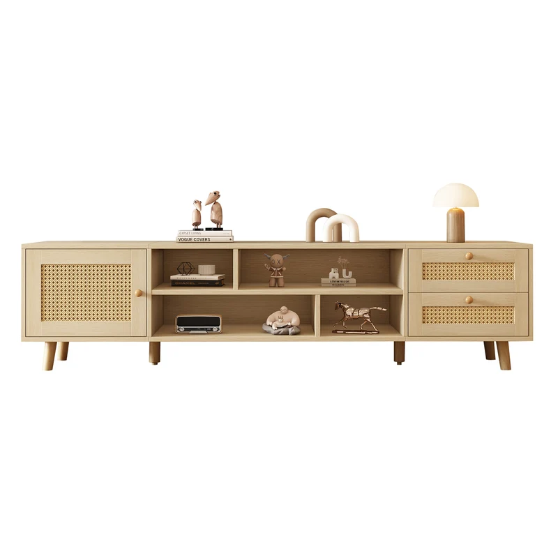 Meuble TV effet bois et rotin avec 2 tiroirs 1 porte et niches de rangement ANIL