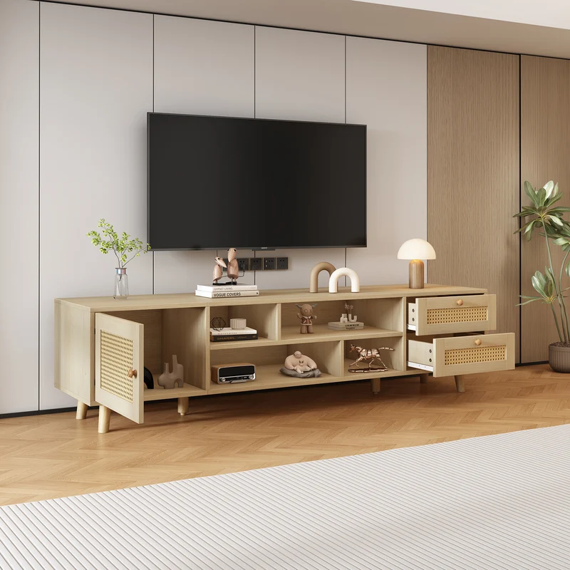 Meuble TV effet bois et rotin avec 2 tiroirs 1 porte et niches de rangement ANIL